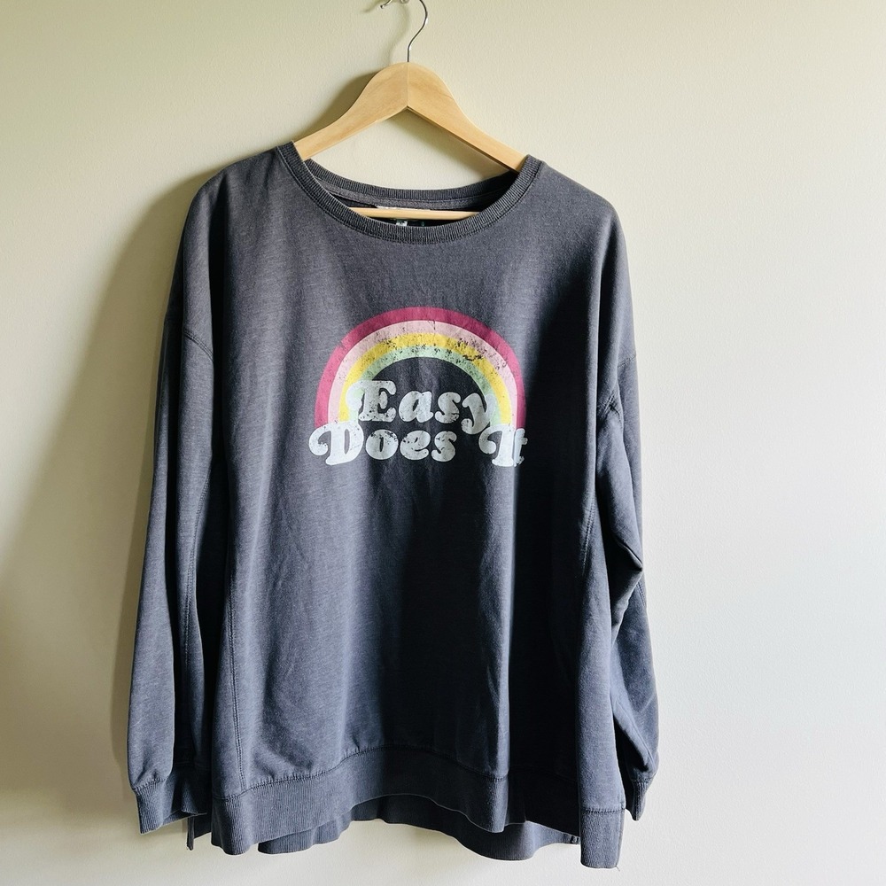 Wildfox Retro 70s Pullover Sweatshirt Size XL Charcoal Gray Easy Does It Rainbow